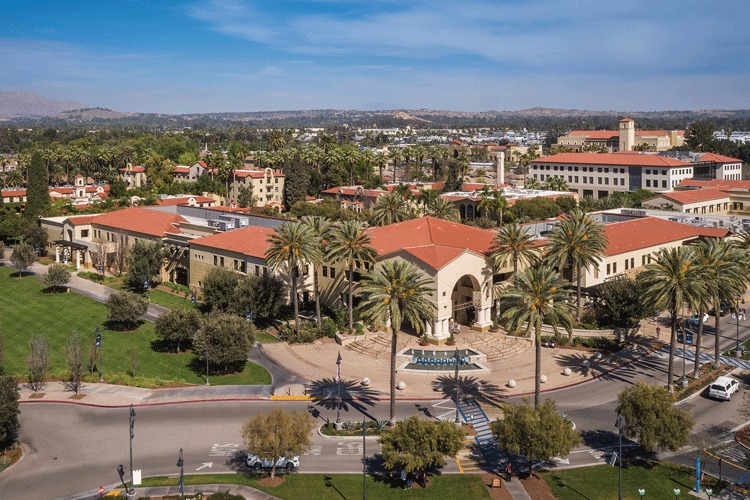 An aerial view of buildings on the CBU campus and the surrounding area